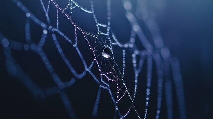 A close-up of a rain-soaked spider web, with droplets clinging to the silk threads