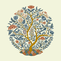 Mughal tree decorative ornamental floral. Vintage intricate traditional mughal style with flowers and foliage.