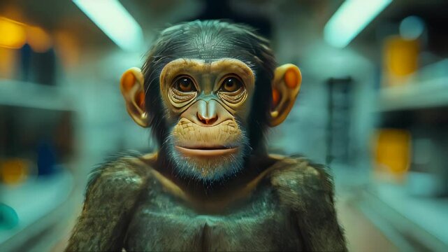 Close-up of a baby chimpanzee with expressive, deep eyes in a lab setting