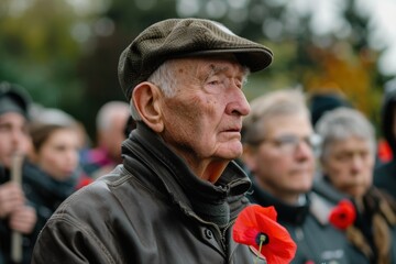 Fototapeta premium Veteran Reflecting Emotionally at Remembrance Day Service, Holding Poppy, in Memorial Event