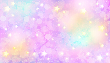 Cute unicorn bokeh background. Cute girlish or childish wallpaper. Stock vector illustration in cartoon style.