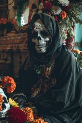 A skeletal figure sits surrounded by blooming flowers, conveying a sense of contrast between life and death