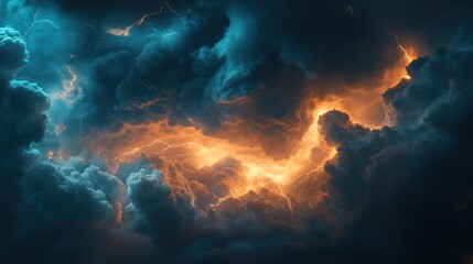 Fototapeta premium A close-up of storm clouds swirling overhead, with flashes of lightning illuminating the sky