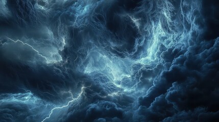 A close-up of storm clouds swirling overhead, with flashes of lightning illuminating the sky