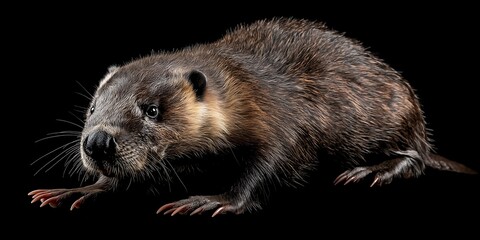 Beaver, the Beaver is isolated against a deep black background, positioned to the side of the frame, looking directly at the camera