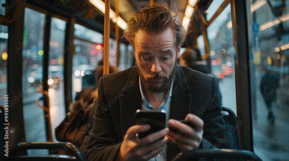 Poster a person sitting on a bus staring at their mobile device