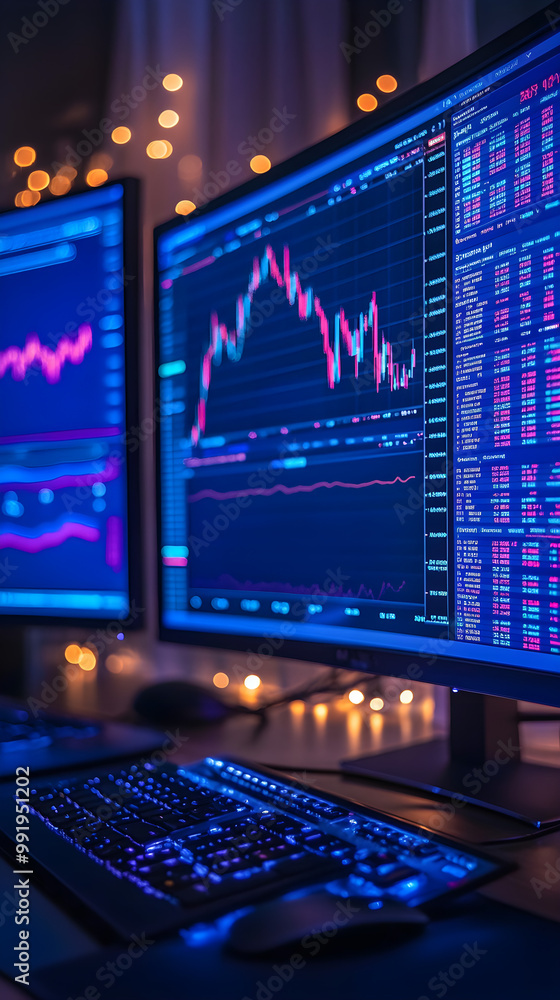 Aufkleber trading desk with advanced multi-monitor display and streamlined keyboard setup