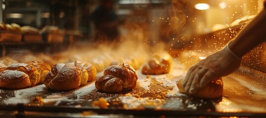 Freshly Baked Pan de Muerto in Bakery Kitchen with Bakers Hands, Golden Brown Bread, and Sugar Topping