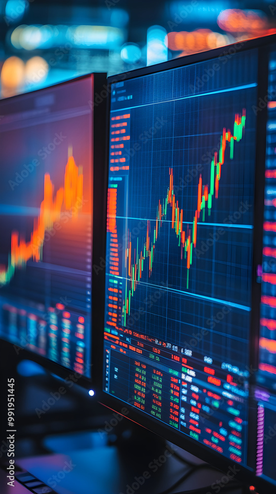Poster sophisticated trading desk equipped with multiple monitors and minimalist keyboard