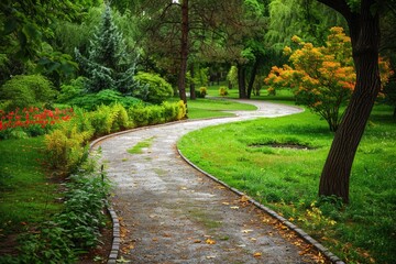 Obraz premium A scenic pathway surrounded by lush greenery, perfect for outdoor photography or illustration