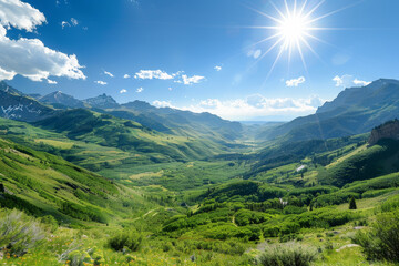 A beautiful mountain landscape with a bright sun shining on it