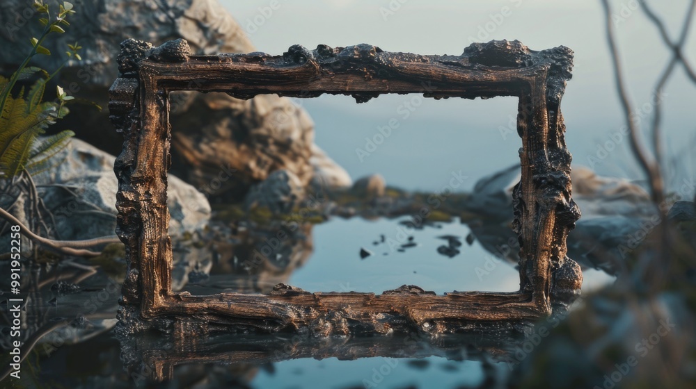 Poster A picture frame floating in the middle of a body of water, great for use as a metaphor or decorative element
