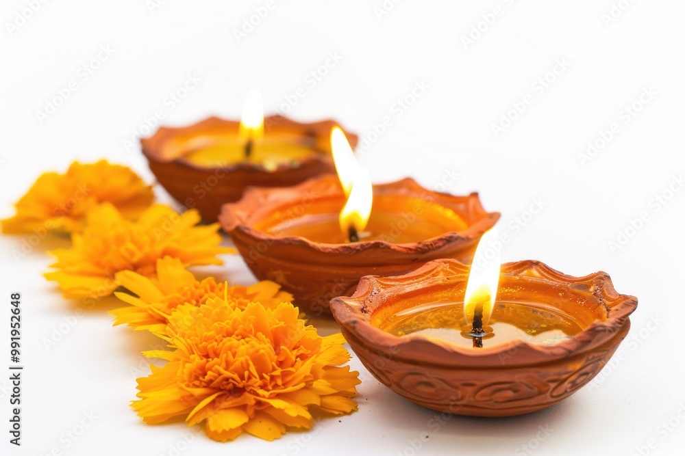 Poster a group of three candles sitting on a table, perfect for various occasions and themes