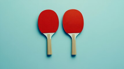 Two red table tennis paddles arranged on a light blue background in a flat lay style