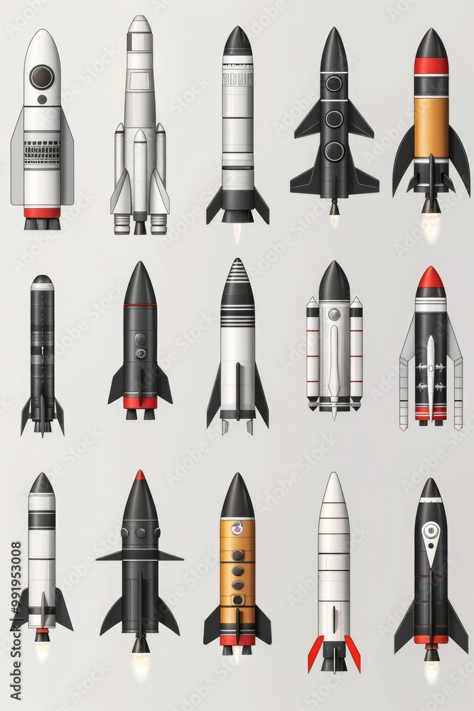 Poster multiple rockets on a white background, useful for science or technology concepts