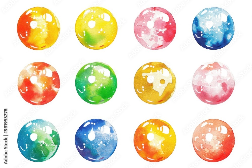 Poster doughnuts in various colors on a white surface, perfect for food or design concepts