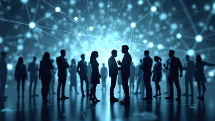 Silhouettes of Individuals with Network Connections and Bright Light Spots