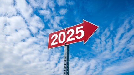 Fototapeta premium 2025 Red Arrow Signpost Series: Visionary Path to Business Growth, Startup Success, and Future Challenges under Vibrant Blue Skies, 2025 New Year This Way Sign