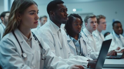 Group of doctors discussing patient data on laptop