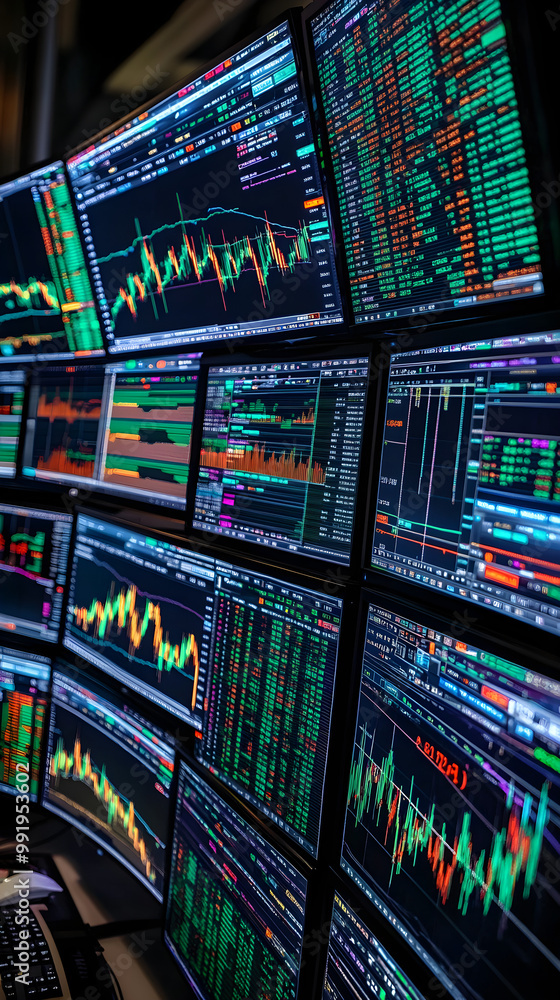 Poster high-tech trading desk setup with multiple monitors and sleek keyboard