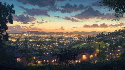 Fototapeta premium An expansive dusk scene with city lights glowing from buildings in the foreground, green hills in the distance,