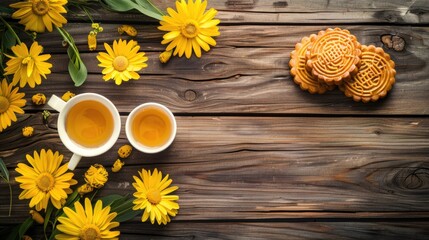 Fototapeta premium Two cups of tea sit next to a bouquet of bright yellow flowers, perfect for a cozy afternoon