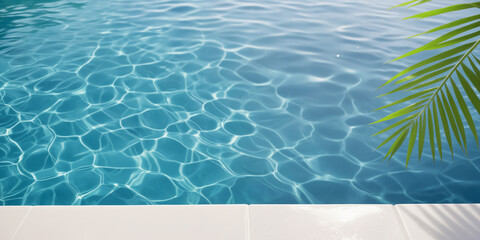 pool water surface with palm leaf banner background
