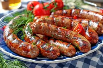 A plate of sausages and tomatoes served on a table