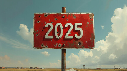 Weathered Red Road Sign with Bullet Holes and Number 2025