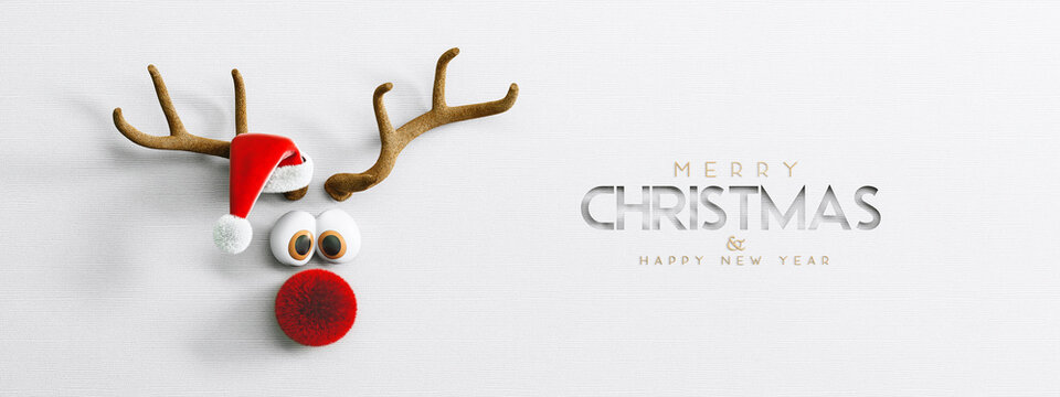 Cute Reindeer with red nose and Santa hat on white paper background. Merry Christmas greeting card design with creative text. 3D Rendering, 3D Illustration