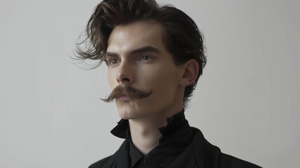 High Fashion Editorial with Sharp Mustache and Avant Garde Clothing Against Minimalist White Background