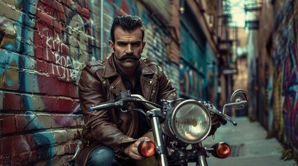 Fototapeta premium Vintage Motorcycle Enthusiast with Handlebar Mustache in Graffiti-Laden Urban Alleyway - Perfect for Print Posters