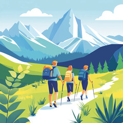 Fototapeta premium A family hiking on a scenic mountain trail, vector illustration