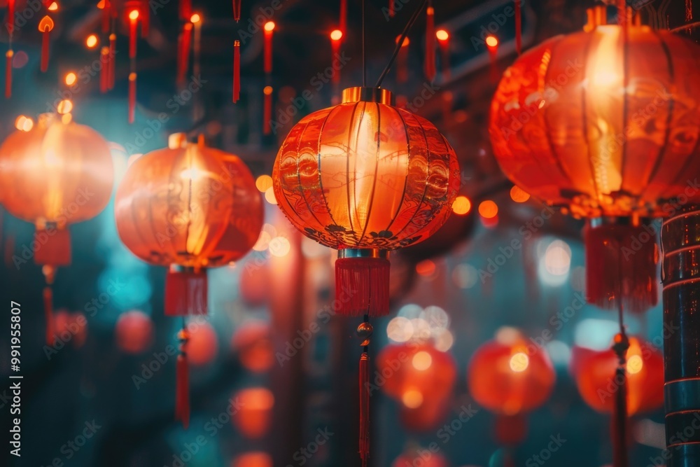 Poster a collection of red lanterns suspended from a ceiling, perfect for use in event or party decorations