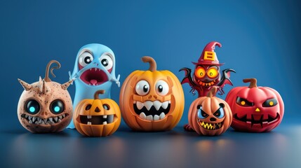 A collection of carved pumpkins with spooky expressions
