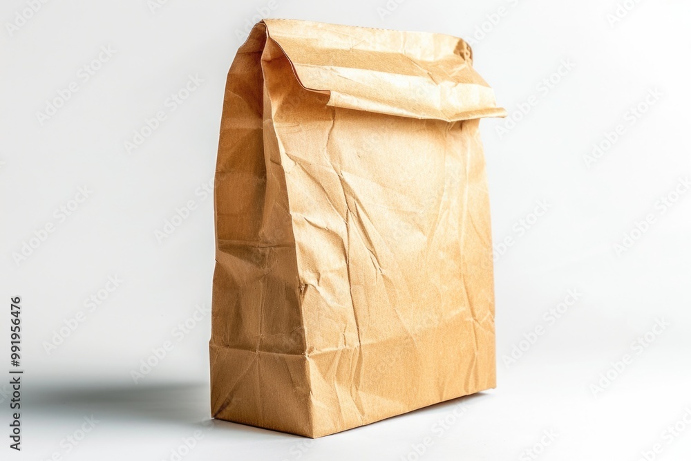 Poster a simple brown paper bag sits atop a table, empty and unused