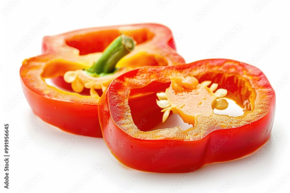 Poster two red peppers sliced in half on a white surface