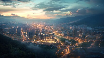 An expansive twilight view of urban buildings with luminous lights, surrounded by green