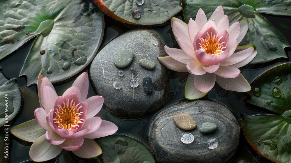 Poster a group of water lilies floating on the surface of a calm pond
