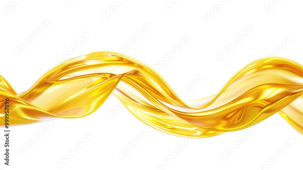 Poster a close-up shot of a golden wave of liquid flowing on a white background, suitable for use in scient