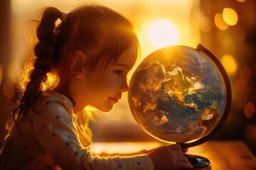 A young girl examines a globe on a table