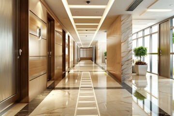 A long hallway with a single plant in a pot, ideal for interior design or decoration ideas