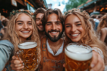 A group of friends dressed in Bavarian costumes taking selfies with their beer mugs at a beer garden.