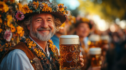 A parade with floats celebrating Bavarian culture, featuring people in traditional outfits and large beer mugs.