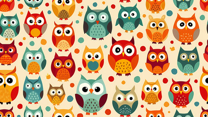 Fototapeta premium Colorful Owl Pattern with Hearts and Leaves