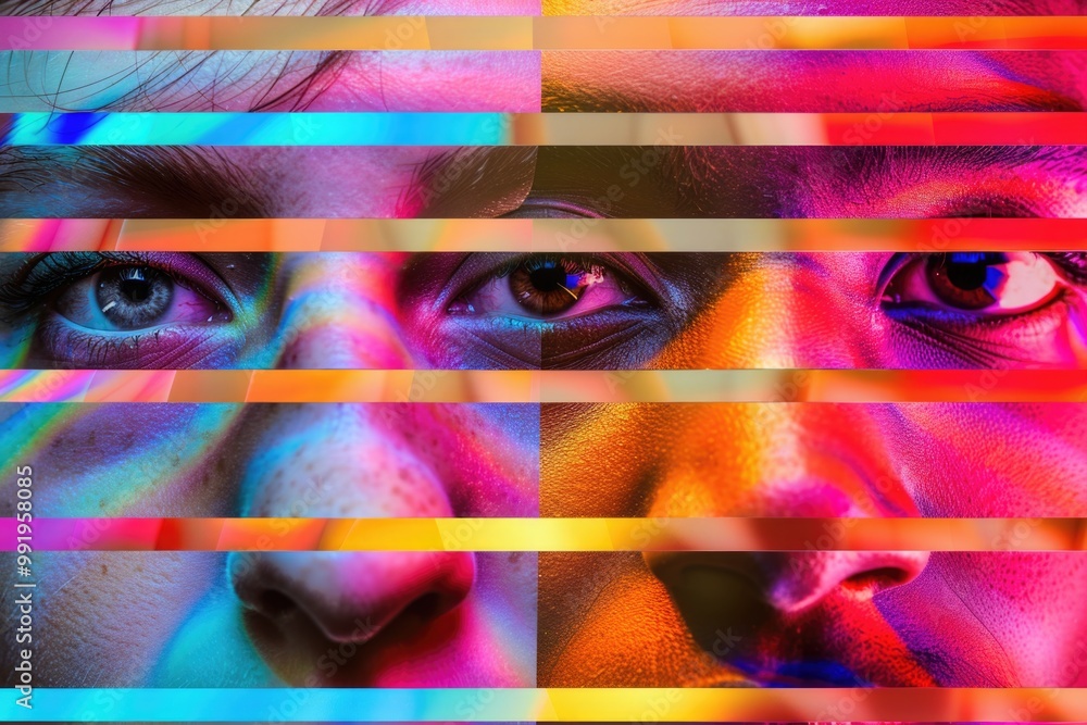 Poster close-up of a person's face with colorful lines, suitable for illustrating creative or artistic conc