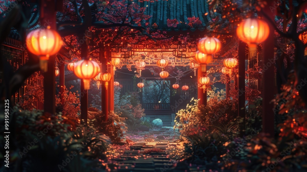 Aufkleber A well-lit pathway with lanterns on both sides, suitable for use in evening scenes or fantasy settings