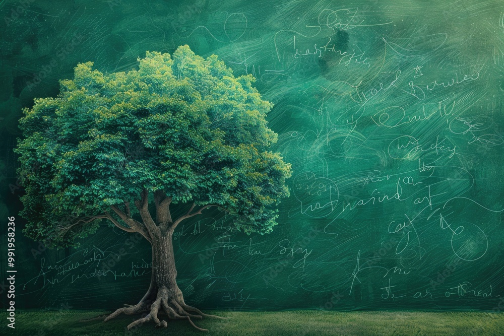 Poster a tree stands in front of a chalkboard, with blank slate awaiting creative expression