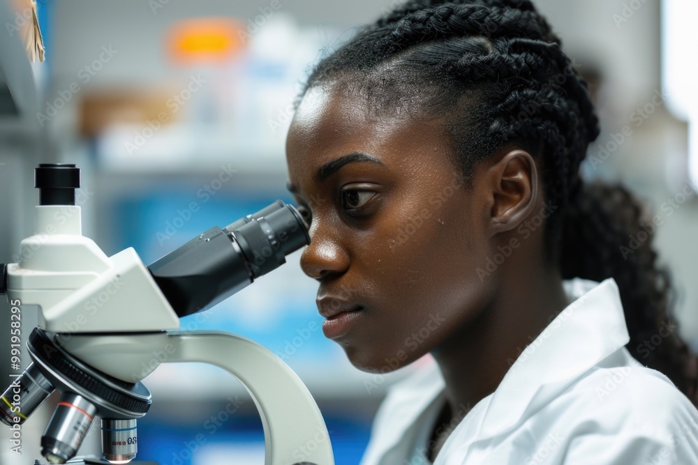 Poster scientist inspects sample using microscope equipment