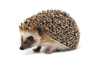 Fototapeta premium A small hedgehog sits on a white surface, looking straight ahead